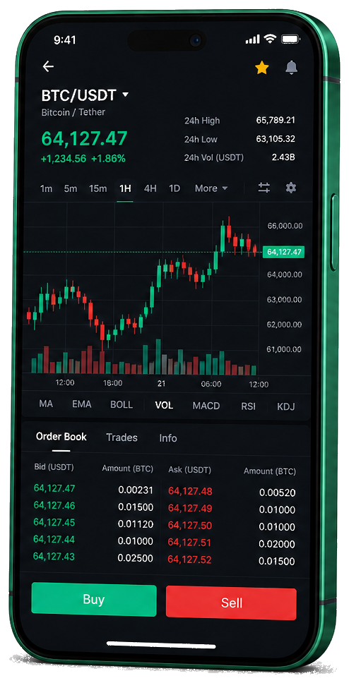 Interface mobile de trading Bruyère Gainif — cours BTC/USDT en direct, carnet d’ordres et outils de surveillance des opérations